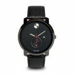 MOVADO Black Dial Minimalist Watch with Sub-Dial and Leather Strap
